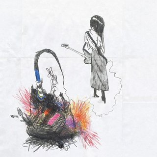 A scrappy drawing of a guitarist standing with their back to an exploding amp