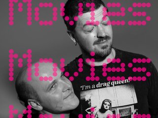 A black and white portait. Andre looks up, smiling. Jen stands slightly above, eyes closed. They're wearing a shirt with a figure on it, with the text 'I'm a Drug Queen above. 'Movies Movies Movies' overlays the whole image in pink text. the fbi.radio logo is in the top right corner in black text.