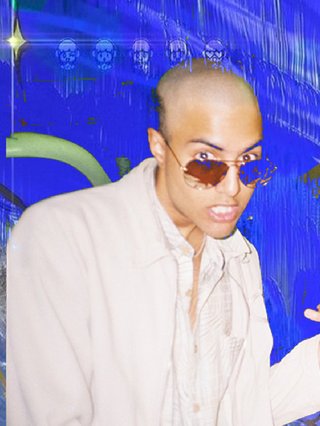 Glitchy blue art makes up the backdrop. A young man stares from behind sunglasses at the camera. He is largely bald and wearing a button-up shirt.