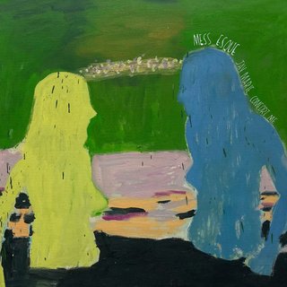 Two painted silhouettes face each other, yellow on the left, blue on the right. The background is painted too, green for the top half, then light pink, orange and black, with blotches of each colour in between.