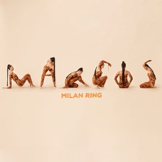 Fiver copies of the artist Milan Ring sit on a yellow backdrop. Each spells out one letter of the album title "Mangos" with the shape of their body.