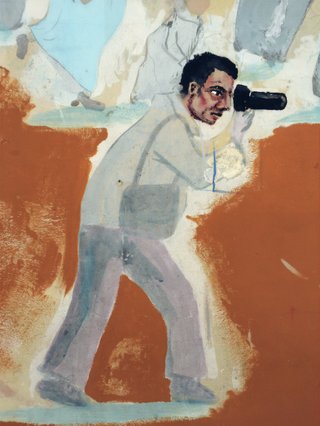 Painting of a man in side profile, taking a photograph.