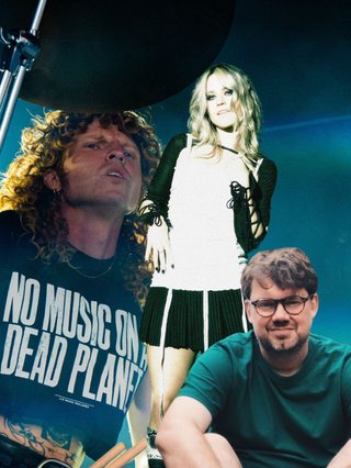 A drummer with the NO MUSIC ON A DEAD PLANET tshirt, annie hamilton in a white tee and black skirt and Tim Shiel sitting with a green tshirt on