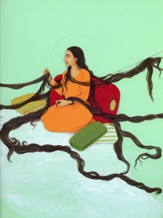 A musaviri style painting, self portrait of Nusra Latif Querueshi. She's in an orange dress with long braids coming out of her head and wrapping around the frame.