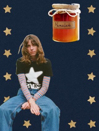 A collage with a picture of Phoebe go in the bottom left corner in front of a navy back drop with a border of stars. A jar of Marmalade floats above her on the right