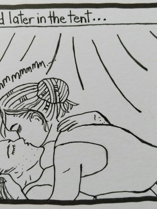 An illustration of a couple smooching in a tent, with the caption Later in the Tent and a text sfx, Mmmmmmmm