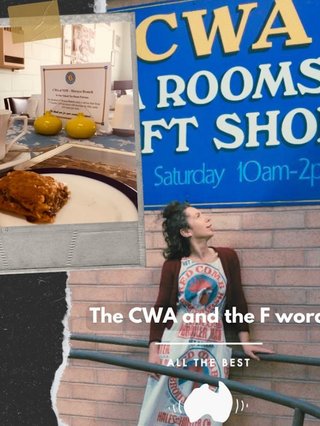 A collage of a photo of a scone, and a person posing in front of a CWA building sign.