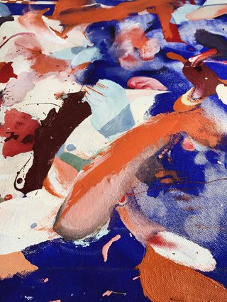 An abstract and textured painting by Dakota Quin. Hues of cobalt blue, white, pink, maroon swirl with energy and sensuality.