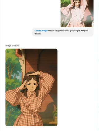 A screenshot of the ChatGPT interface. The user has uploaded a photo of maleeka and asked for it to be restyled as a studio ghibli animation. ChatGPT has produced an image result.