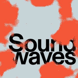 The text Sound waves, with one word stacked upon another, in black text on a bluish-gray background. Orange digital noise fills some of the blank space around the words