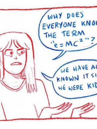 A comic panel of a person saying "Why does everyoen know the term e=mc squared? We have all known it since we were kids."