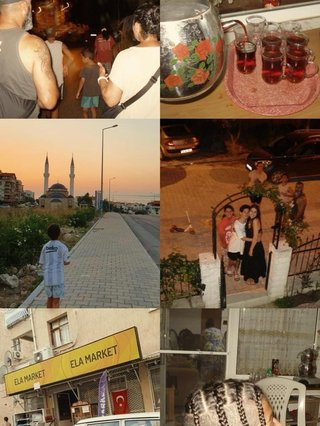 A collage of 6 photos in Turkey – People walking on a night, a platter full of pink tea, a young boy in a football jersey walking on the street, several young people embracing on the street, a storefront, a young man with several braids.