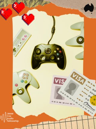 Video game controllers scattered with a couple of visa cards sitting on the side. It sits inside an orange backdrop surrounded with love hearts, "jessie cox audio fellowship." and the All The Best logo