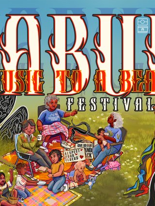 Artwork by Charlotte Allingham for Yabun Festival. Different family members are on the green. People are dancing, chatting, kids are weaving and sharing food. Various painted signs read Land Back, You're on Gadigal Land and respect your elders.