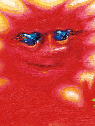 Black Country, New Road's Forever Howlong album artwork, a red sun figure showing you a yellow and green star in the palm of their hand