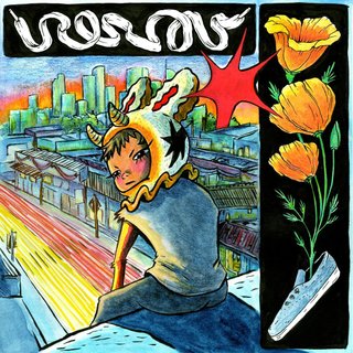 A watercolour drawing of a person with a horned and bunny eared balaclava, looking onwards at sunset car traffic from high above.