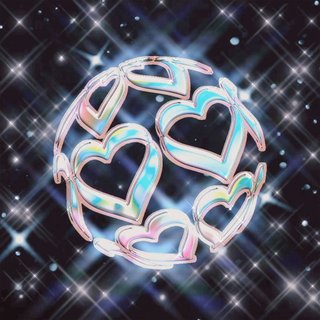 A ball of hearts with rainbow colours of blue, pink and yellow, against a backdrops of twinkling stars in a night sky