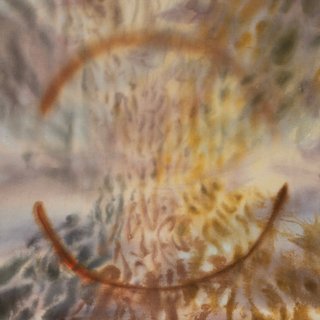 Two brown semircle lines sit above each other, upon a webbed, murky background of brown and yellow hues