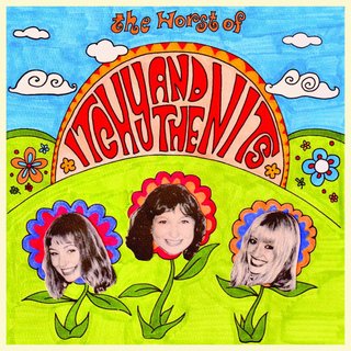Black and white headshots of three members of Itchy and the Nits sit on top of three hand drawn flowers. The album title sits behind them on a brightly coloured background of a park