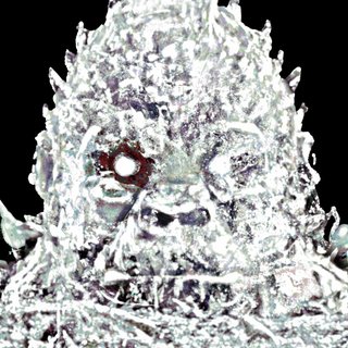 A black and white drawn image of a monsterish figure, with a maroon eye