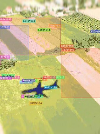 Pixelated bird’s eye view of a plane’s shadow flying over grassy, suburban fields, overlayed with a blob tracker effect