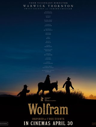 Film poster for Wolfram with a blue to goldish sunset and a person on a horse and two other people walking behind and in front of the horse.