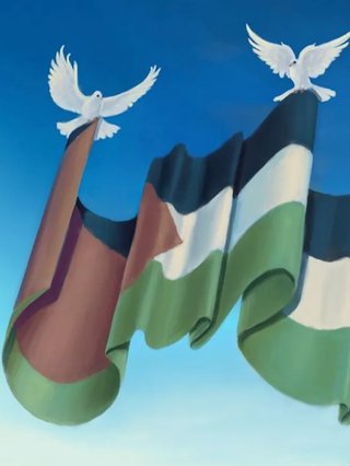 a painting of three doves holding up a palestinian flag in the blue sky