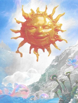 Artwork of a smiling sun before mountains, flowers, blue skies and clouds. Created by Lucas Gordon for Arrangement's single cover 'New Life'.