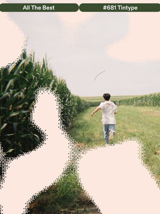 A vast natural farm with a person running away from camera scattered with some white blobs over the top