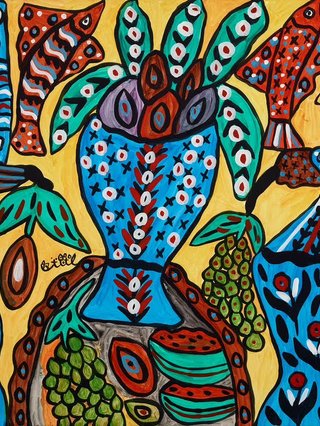 Two Women with Vase and Yellow Background (1997)’, by Algerian artist Fatma Haddad ‘Baya