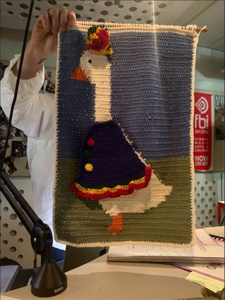 A crochet tapestry of a goose wearing a blue party dress and yellow party hat with a pom pom, held up in the fbi.radio studio