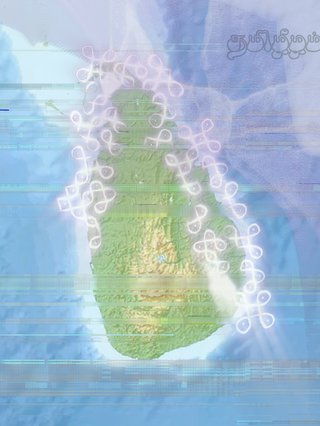 a glitchy orb hovers over a map of ‘Sri Lanka’. A kolam glows over the north eastern region of Tamil Eelam.