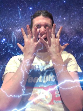 A grainy picture of Jim covering their face. They have been edited in front of a space background with flashes of lightning in front of them.