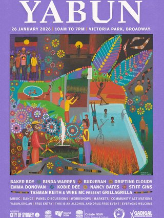 A poster of Yabun festival detailing all the artists, sponsors and collabroators with artwork by James P. Simon