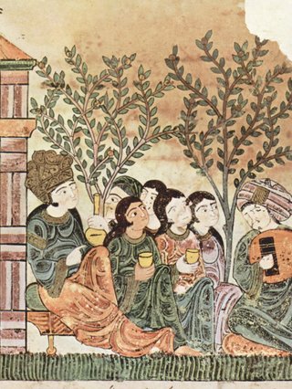 Historical image of someone playing oud and others listening
