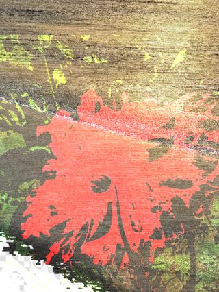 two still images of a coastline and hibiscus flower layered atop and glitched to warp dimensions and texture