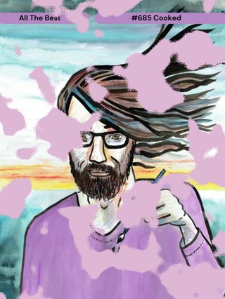 A animated picture of a guy wearing a pink shirt with hair pointing to the side in-font of a blue, white orangey/red backdrop
