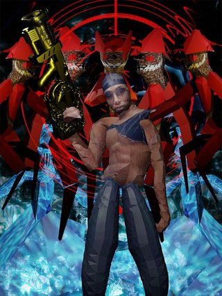 A photo / 3D model digital collage of a Black person in a powerful stance holding a firearm, with five red figures encircling them in the background.