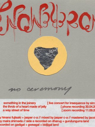 Album art for no ceremony. Grey background with red calligraphy spelling "no ceremony" atop a pale yellow circle with cut out foil in its centre. "no ceremony" hand written in cursive using lead pencil, and the bottom third of the work has the track list and credits in red lettering over a box of a lighter shade of grey. Artwork by maira shimada