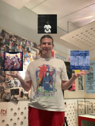 Jim in the studio with their hands out, looking like they're holding three album covers. The first is FURFAG by Pent Up Pup, second is Only Dust Remains by Backxwash, and third is High Horse by NMIXX.