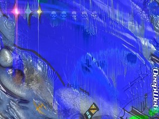 An abstract artwork, in bright blue with amorphous shapes, illustrated shimmers and small drawn cartoons in the background.