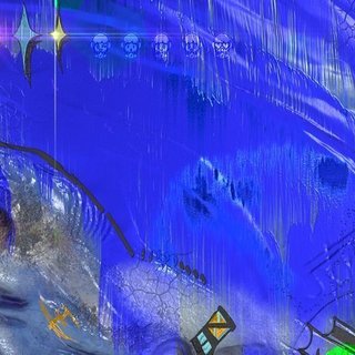 An abstract artwork, in bright blue with amorphous shapes, illustrated shimmers and small drawn cartoons in the background.