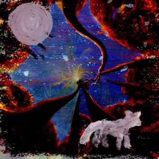 A drawing or painting of a blue night sky, dottered with white stars and a spiralling yellow centre. Around the edge of the picture are a brown-red shapes that reach obliquely into the centre of the image. A grey circle is in the top left corner, and a grey wolf/dog figure in the bottom right corner.