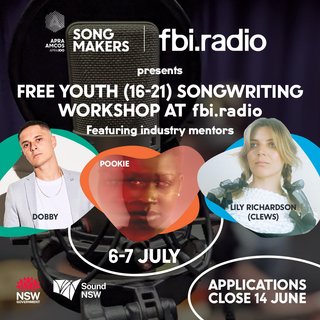 A flyer promoting SongMakers, a songwriting workshop at fbi radio on July 6-7. The image shows 3 musicians over a background of a microphone.