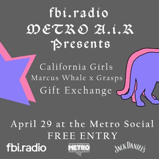 fbi radio x Metro Air April 29 poster. Grey background with a purple and pink star and panther, white text with lineup and event details.