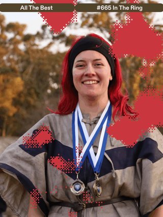 A cheery Knight being Lady Molly dressed for a special Renaissance Fair during a nice sunset with trees in the background covered with red spots of what may look like paint