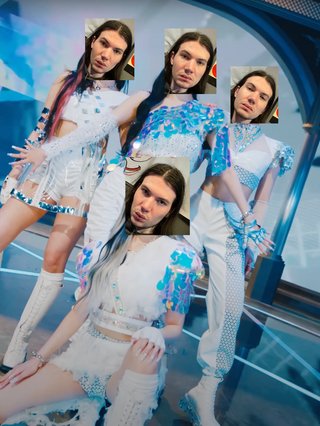 A promotional image from aespa's single Next Level with Jim's face poorly photoshopped four times onto each of the members.