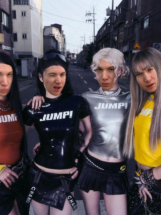 A promotional picture of the four members of girl group BLACKPINK for their new single "JUMP!", except Jim's face has been poorly edited onto each of the girls.