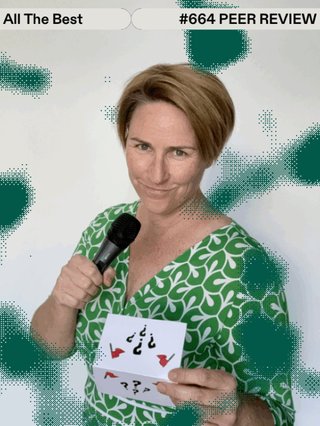 Producer of "Peer Review," wearing a green dress with white patterns on it holding a white card with red flags and black question marks and a microphone in the other hand superimposed with a white backdrop with green shaped appearing
