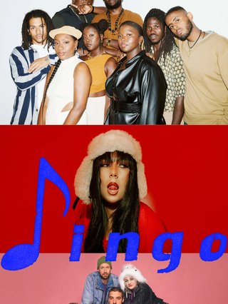 Three landscape photos piled on top of one another. The first of Kokoroko group huddled around staring into the camera, the second of Miss Kannina wearing a beige hat with a bright red backdrop, and the third of Hiatus Kaiyote huddled together before a salmon pink backdrop. The logo "Dingo" for Dingo Festival in electric blue is stamped and overlayed between the second two images.